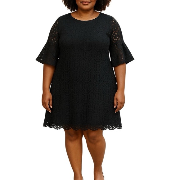 Sharagano Dress Womens 18W Black Lace Overlay 3/4 Bell Sleeves Feminine - Picture 1 of 12